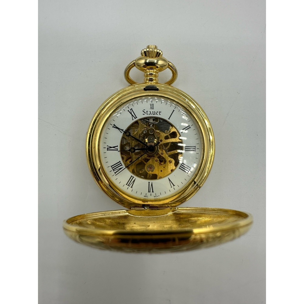 Stauer Skeleton Mechanical Pocket Watch Gold Tone Half Hunter Roman Tested